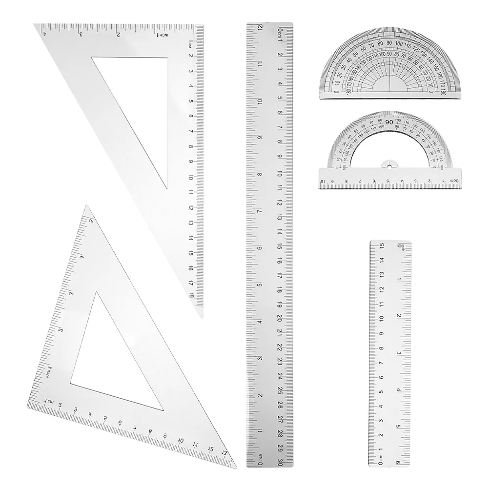 6Pcs Transparent Protractor and Ruler Set Plastic Geometry Tools for School Office Use Precision Drafting Measuring Kit