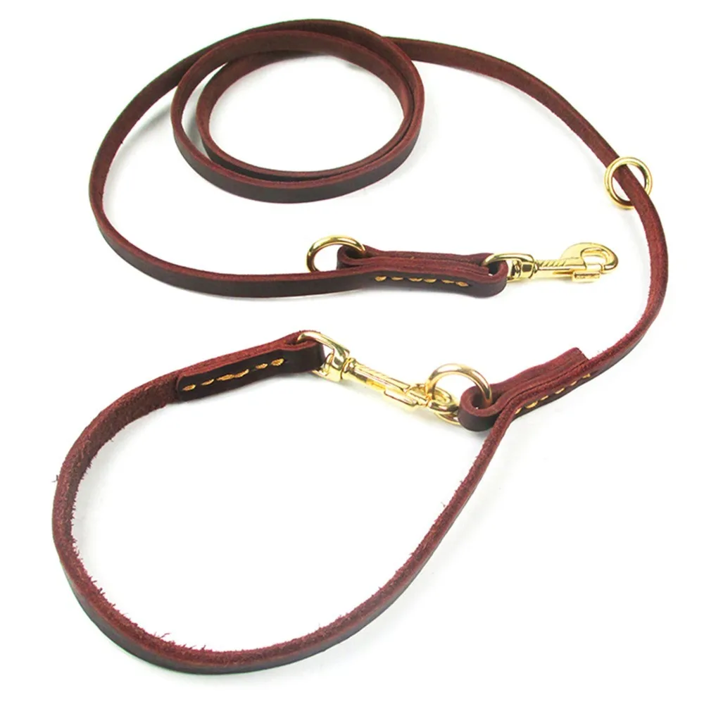 Genuine Leather Dual Dog Leash 2.3 Meters Extended Length 2-in-1 Dual Leash Design No-Hands Waist Dog Leash Sturdy Strap Texture