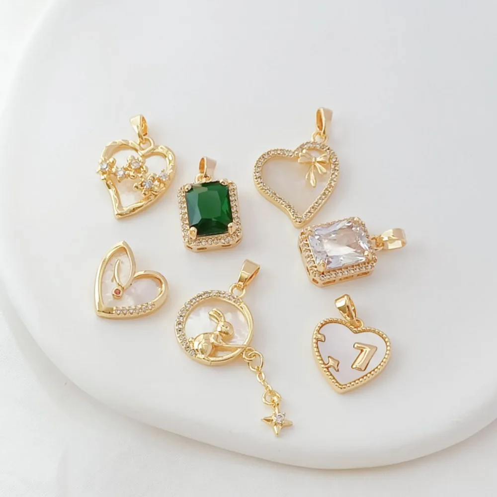 14K Gold-plated, Zirconium-inlaid, Beaded, Heart-shaped Rabbit Transparent Square Pendant, DIY Handmade Bracelet Pendant
