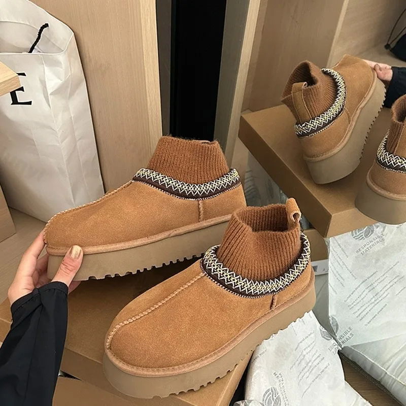 

Женские зимние ботинки, теплые зимние вязаные удобные нескользящие плюшевые ботильоны на платформе, круглые модные короткие ботинки Botas Mujer