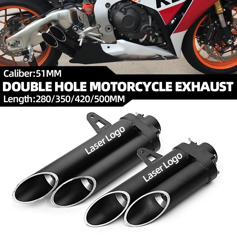 

51MM Universal 2Holes Motorcycle Exhaust Muffler for R3 R6 GSXR CBR1000R ETC Moto Double Tube Exhaust Pipe Modified Accessories