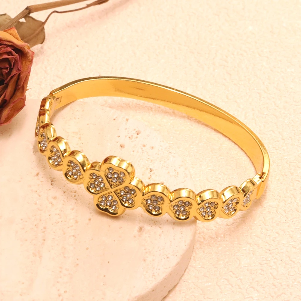 Elegant Openwork Zircon Bangle Luxury Gold Plated Stainless Steel High-Quality Women's Fashion Bracelet