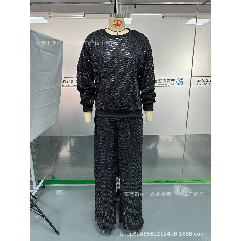 ชุดเซ็ตเสื้อแขนยาวคอกลมทรงหลวมพร้อมเชือกรูด กางเกงขายาวทรงกว้าง ลายท้องฟ้าเต็มดาว สไตล์ยุโรปและอเมริกา สำหรับฤดูใบไม้ร่วง