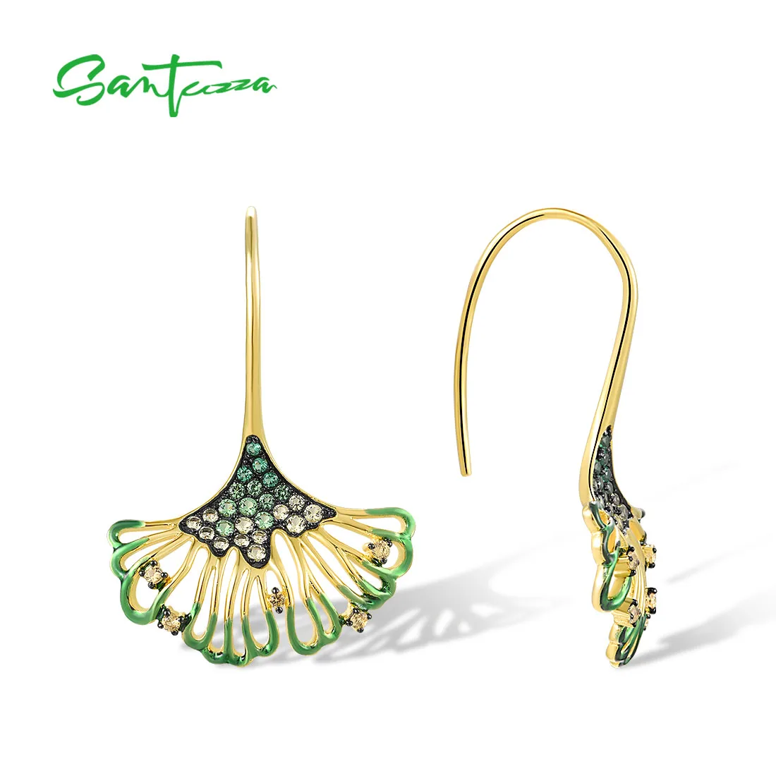 SANTUZZA Real 925 Sterling Silver Hook Earrings For Women Shiny Green Spinel Enamel Leaf Delicate Party Chic Gift Fine Jewelry