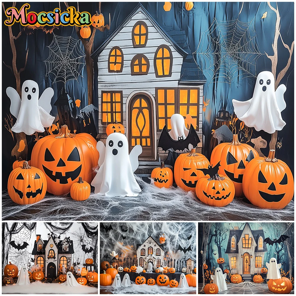 Mocsicka Halloween House Backdrop Jack-O-Lantern Autumn Pumpkin Party Background Photography Spider Web Demon Ghost Decor Banner