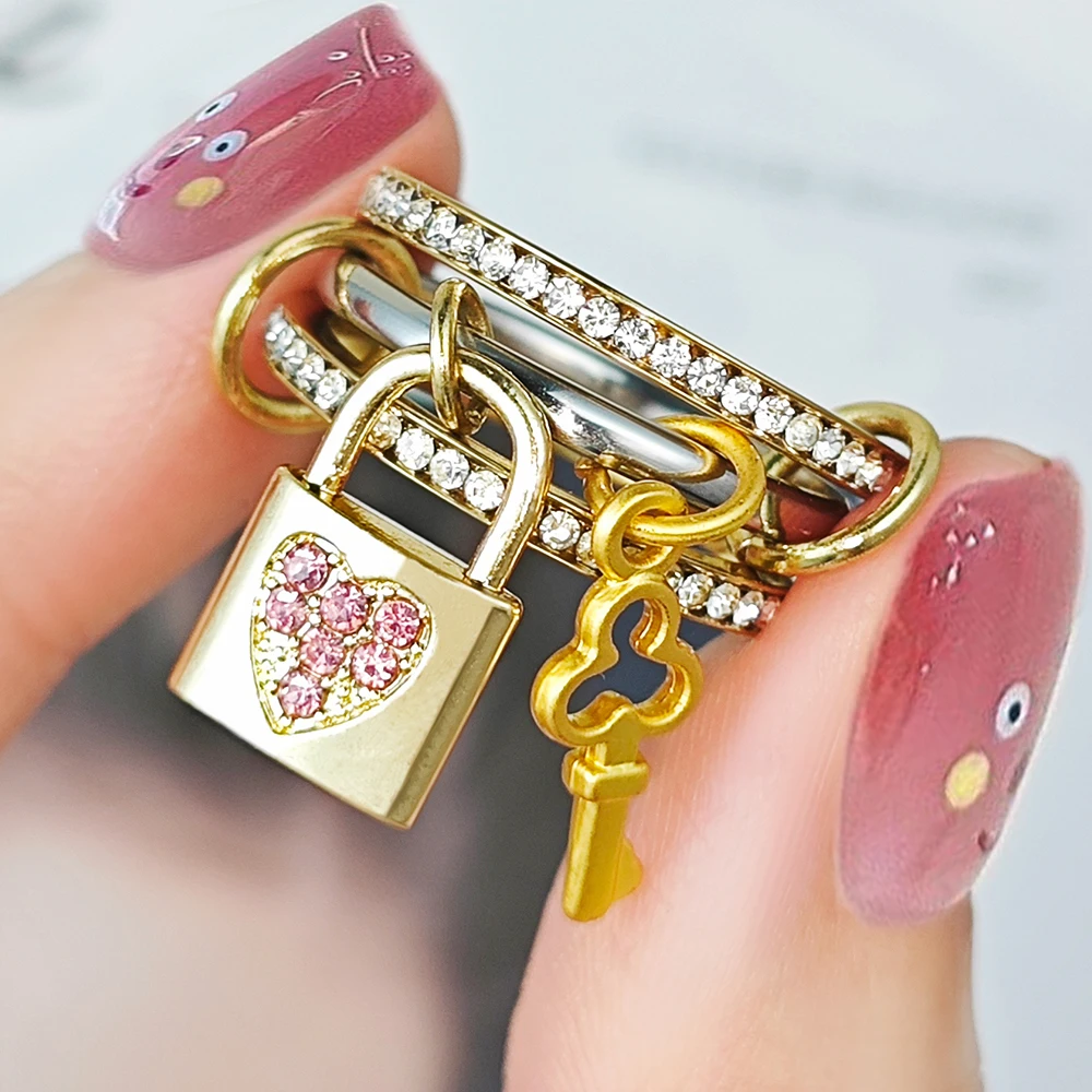 Edelstahl Spinelli Kilcollin Ring Schloss Schlüssel Charms INS Mode Stapelbare Ringe Set Gold Farbe Handgemachte Anhänger Schmuck Geschenk – Detail 11