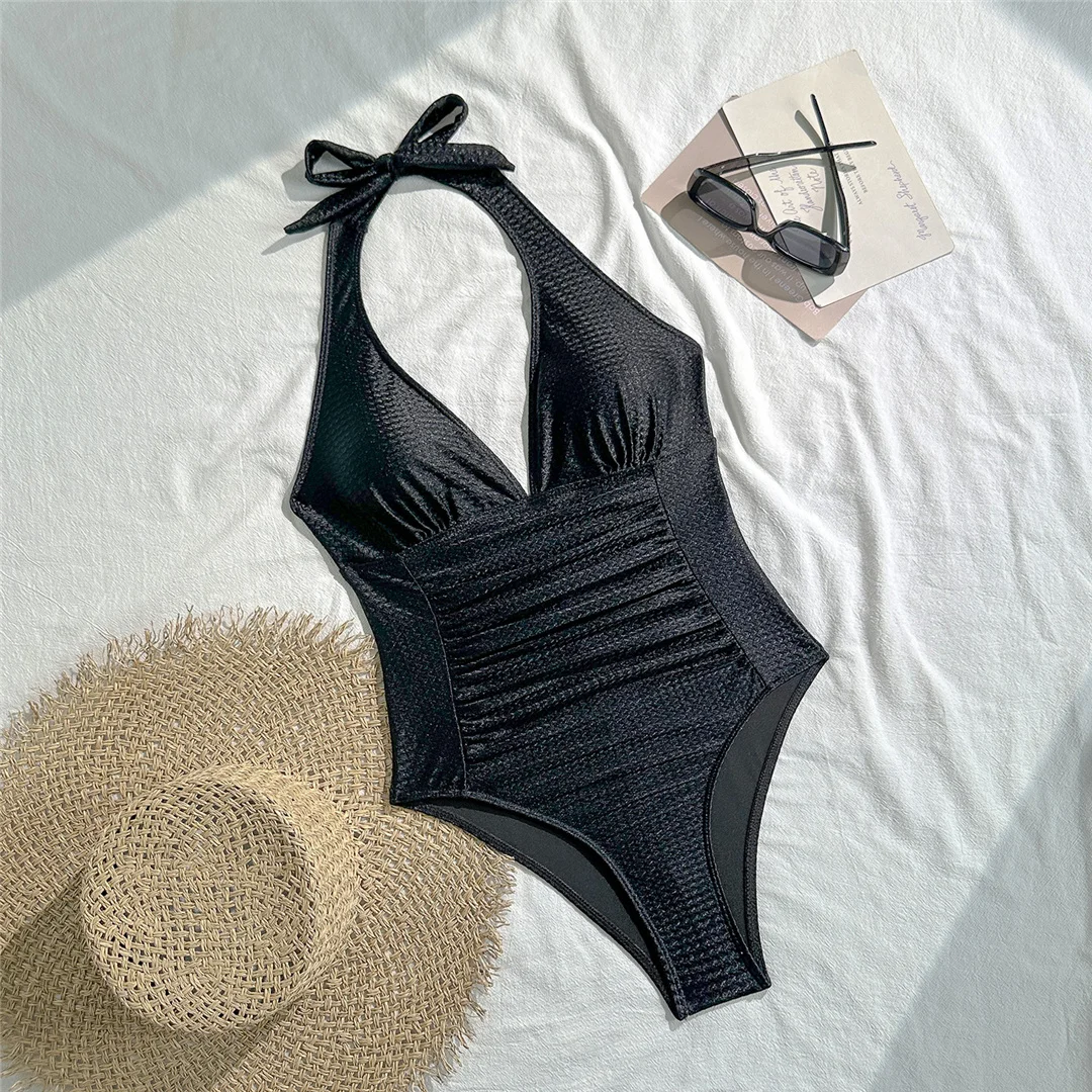 V-Ausschnitt, Neckholder, geraffter Einteiler-Badeanzug, Damen-Bademode, rückenfreier Monokini, hoher Beinausschnitt, Badeanzug, Badebekleidung, V7568 – Detail 19