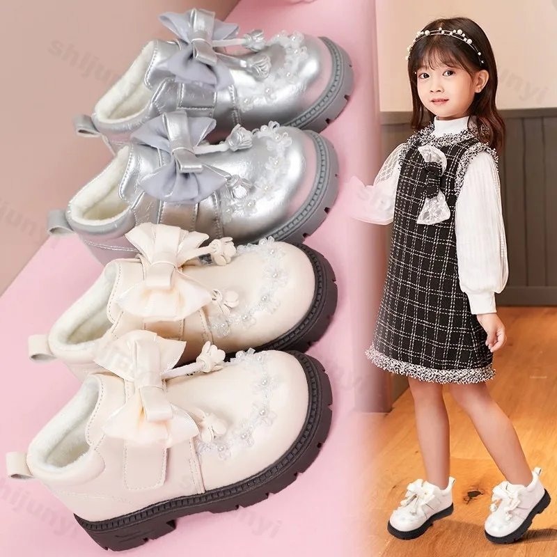 

Children Shoes Thick Platform Warm Plush Bow Girls Short Boots 2026 Fall Winter Comfort Anti Slip Kids Princess Boots Zapatos