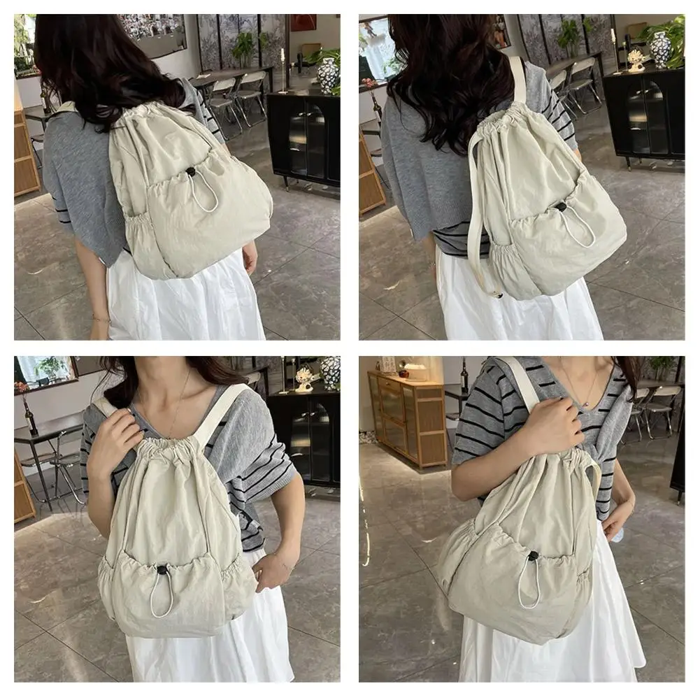 Women Nylon Drawstring Backpack Lightweight Water Resistant Multi Pocket Casual Daypack Adjustable Strap Shoulder Bag