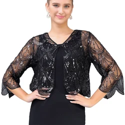 1920s Sequin Shawl Wraps Gatsby Beaded Evening Cape Bridal Bolero Shrug Vintage V-neck Midi Sleeve See-through 20s Party Shawl