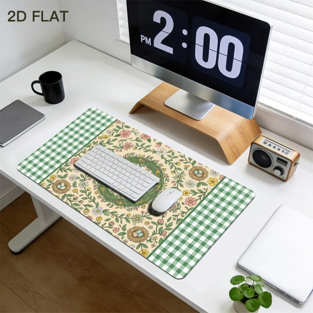 Vintage Green Check Floral Nest Large Mouse Pad, Extended Gaming Desk Mat,Waterproof Non-Slip Desk Protector,Farmhouse Accessory