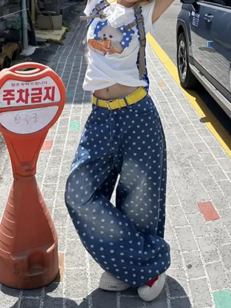 Sweet Cool Spicy American Wave Dot Print Denim Jeans Women Summer Design Sense Washed Loose Straight Wide Leg Long Trousers