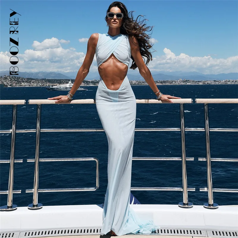 BoozRey Summer Blue Sexy See Through Waistless Maxi Dresses Evening Party For Women 2024 Sleeveless Hollow Out Elegant Vestidos