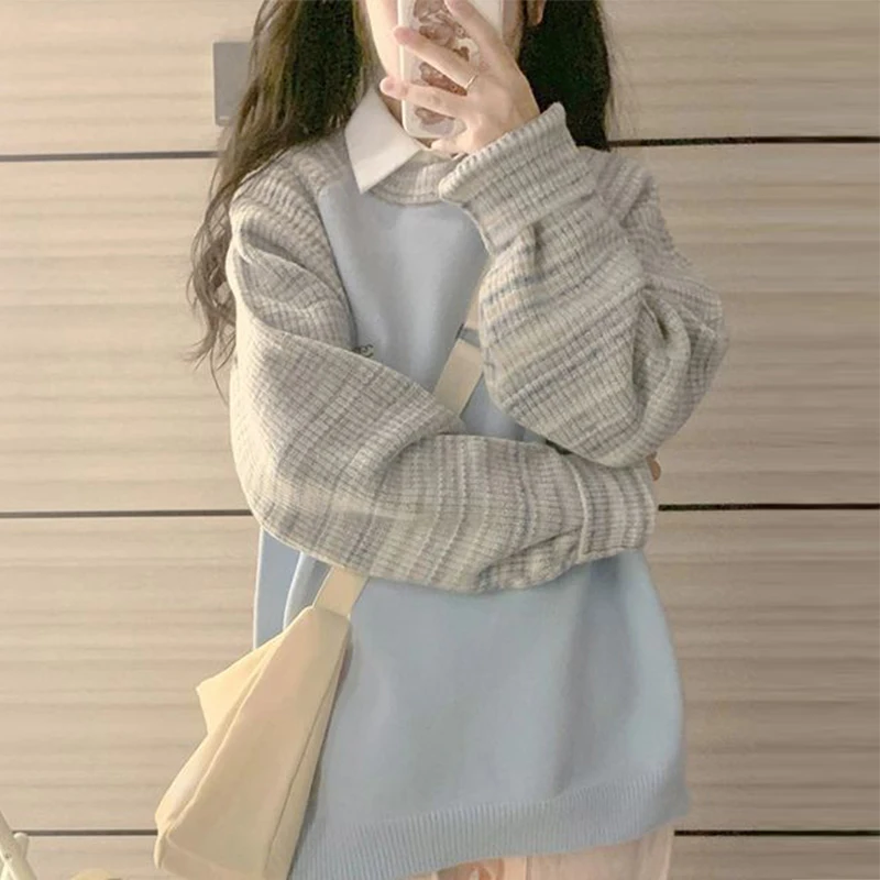 

Fashion Patchwork Preppy Style Pullover Sweater 2023 Women's Long Sleeved O-Neck Loose Sweater Autumn New Casual Knitted Sweater
