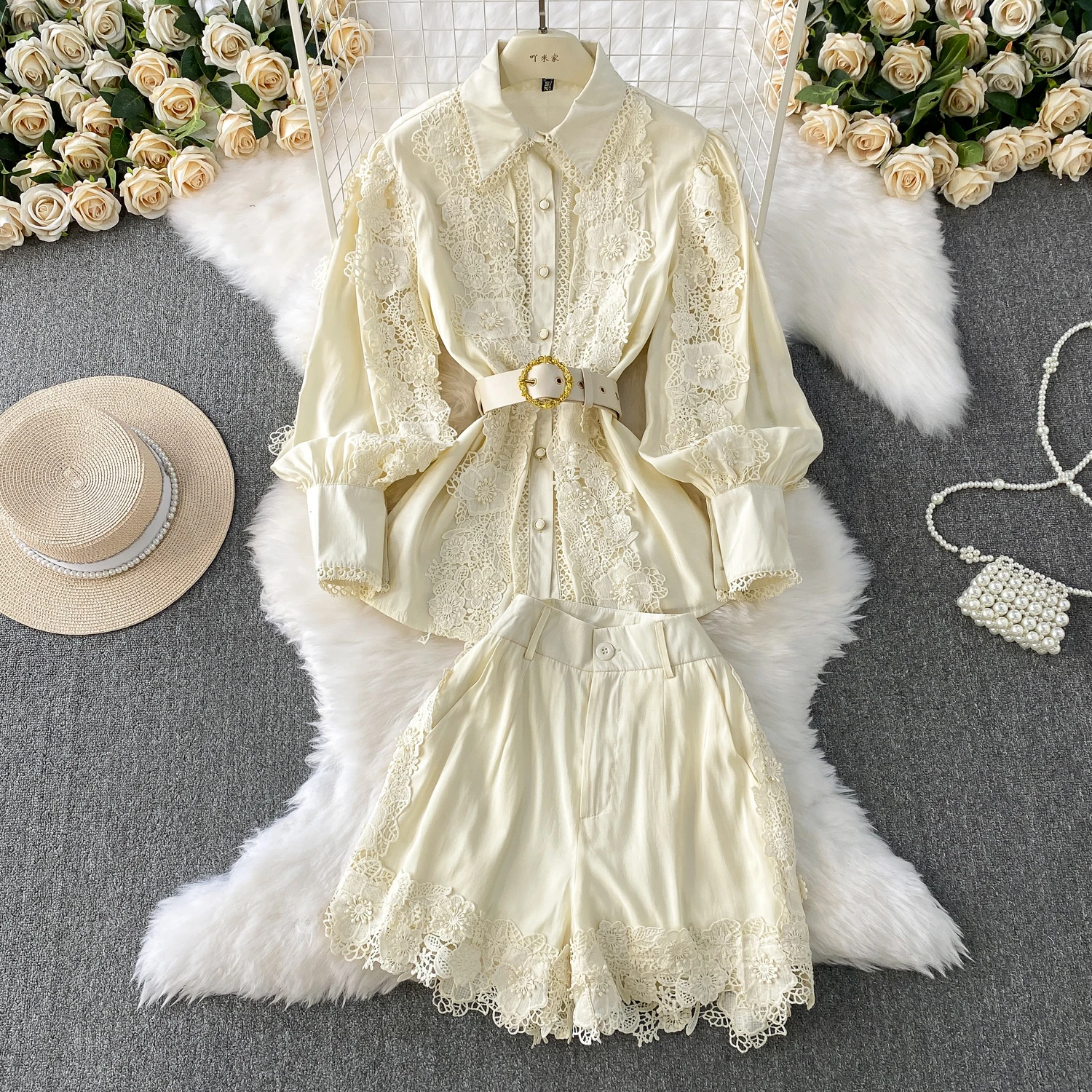 

Женские роскошные элегантные дворцовые винтажные комплекты, женские костюмы с кружевной аппликацией и длинными рукавами-фонариками, пояс, модные вечерние формальные комплекты из 2 предметов