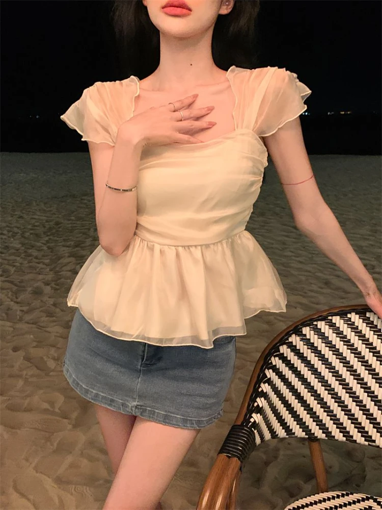 Blouses Women Slim Tender Ruffles Hotsweet Casual Aesthetic Fashion Summer French Style All-match Gentle Ladies Square Collar