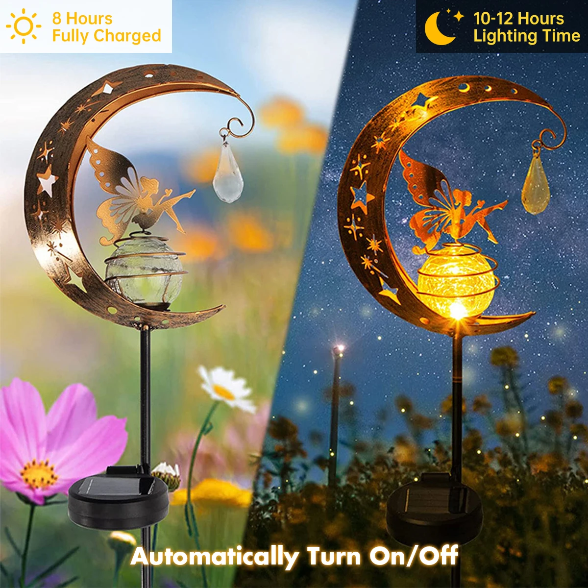 2PC Solar Decroation Light Moon Fairy Lamp Outdoor Garden Crackle Glass Globe with Angel Pathway Stake Light Solar Grdound Light