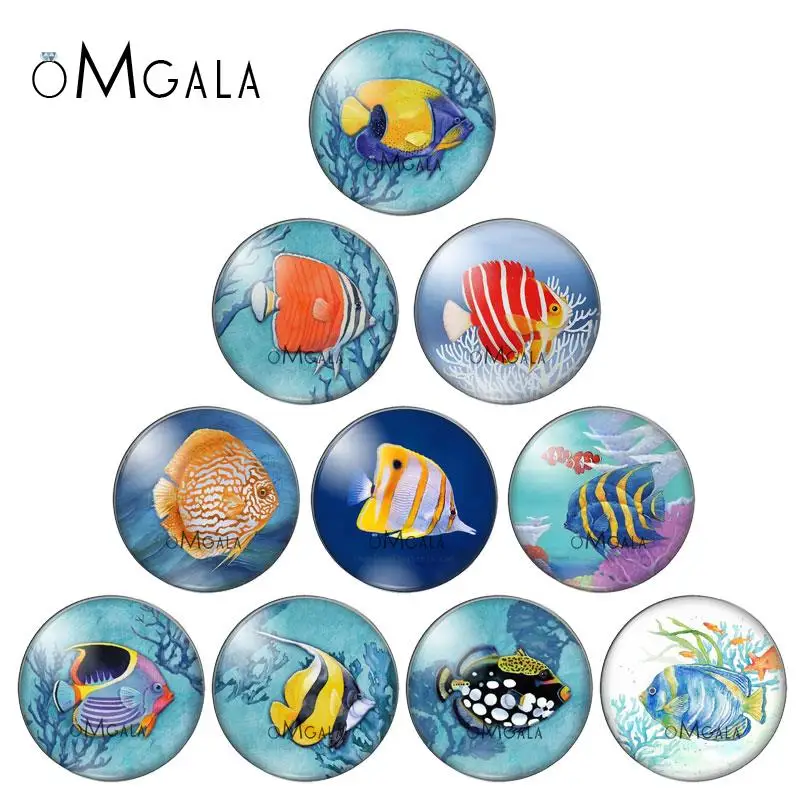 Watercolor Tropical Fish Art Paintings Sea Aniamls 12mm/18mm/20mm/25mm Round photo demo glass cabochon flat back Making findings