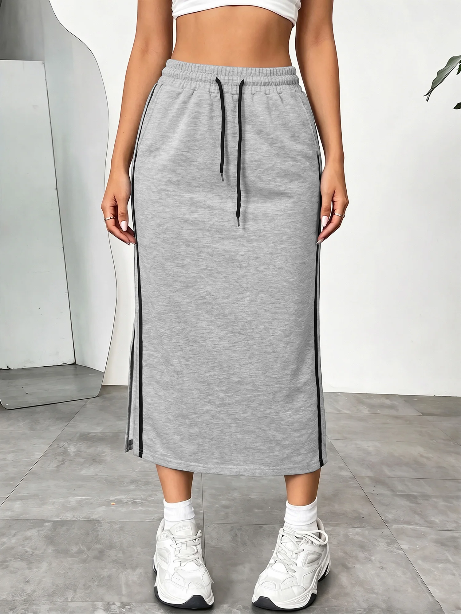Casual Loungewear Outdoor Midi Skirt Two Side Black Lines Split Hem High Waist Sweat Fabric Skirt