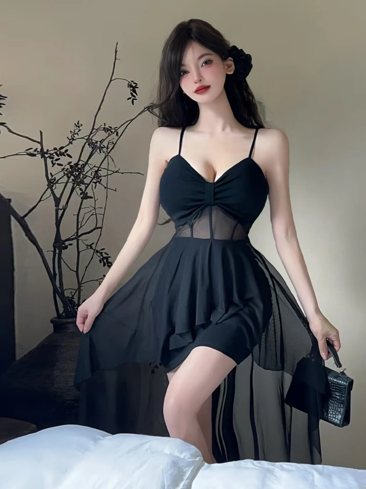 

Сексуальное V-Ne See-Tough Me Splice Strapl Dr с нерегулярной талией в юбке трапециевидной формы, платье средней длины для женщин