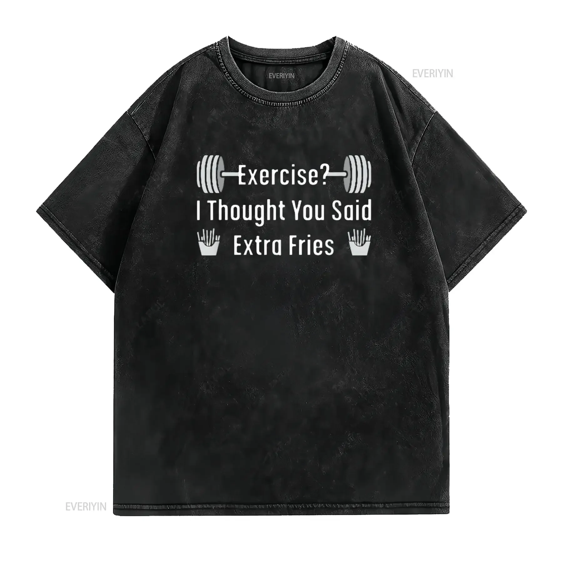 Mens Exercise I Thought Extra Fries Funny Saying Gym Workout Meme T Shirt Black Large vintage Washed Soft homme streetwear