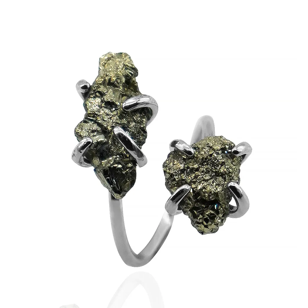 Anillo cruzado abierto de pirita Irregular para mujeres y niñas, ajuste de garra, color plateado, joyería de dedo de piedra Natural bohemia redimensionable