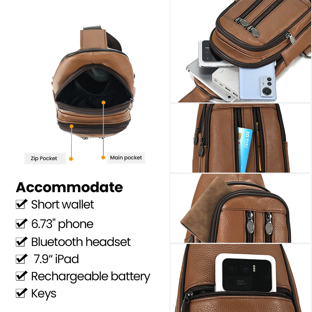 Chaîne YIR-Sac à bandoulière en cuir véritable pour hommes, sac de poitrine de voyage, sacs à bandoulière initiés décontractés pour iPad 7.9 pouces, sacs cartable