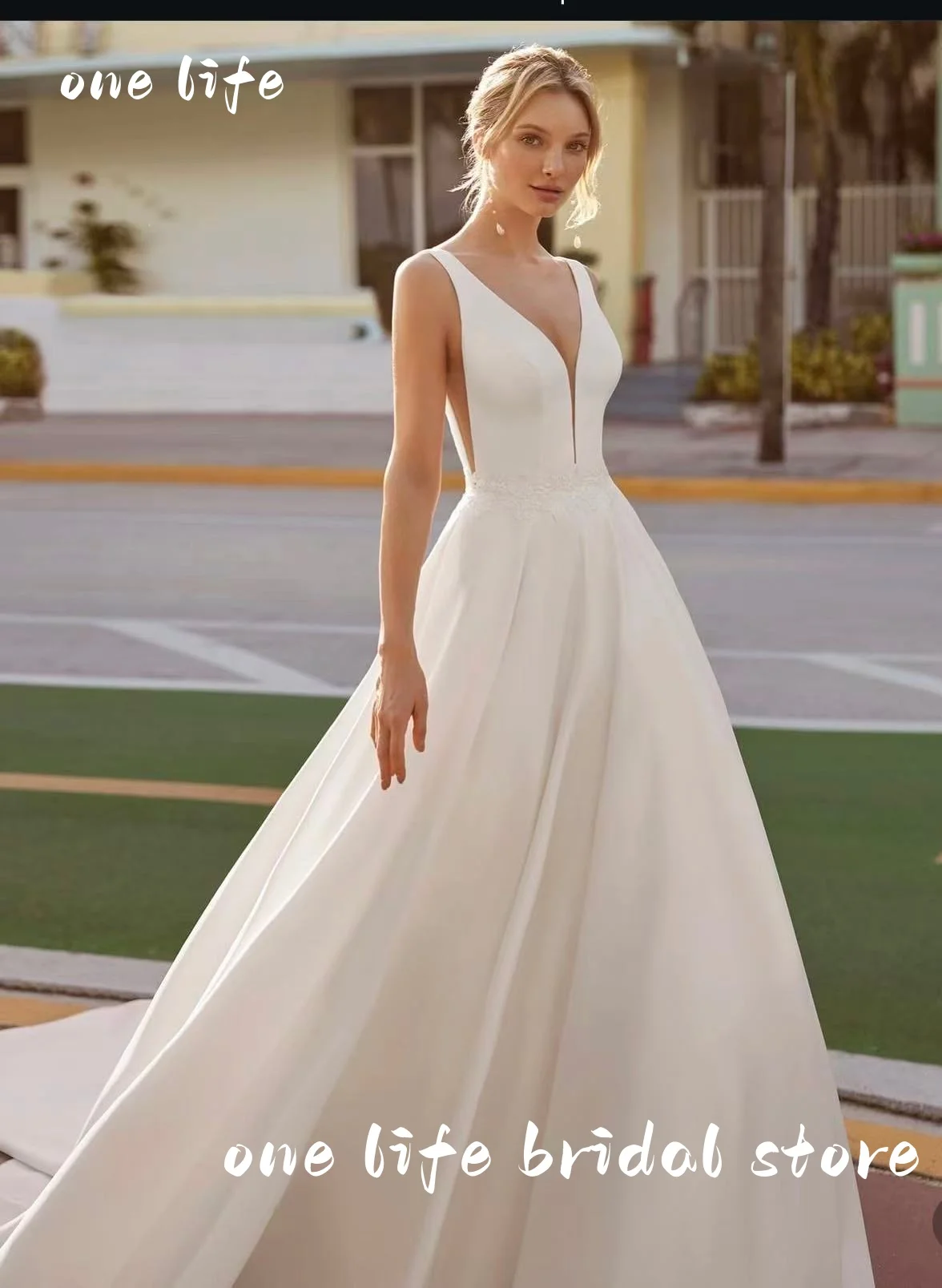 OL Luxury Civil Mikado Satin Wedding Dress V Neck 2025 Vestidos De Novia Sexy Beach Bridal Dresses Backless Customized