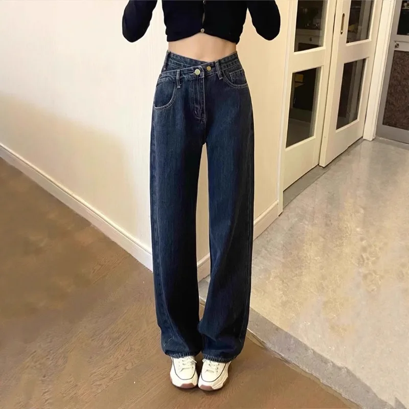 

New Womens Irregular Wide Leg Jeans Spring Autumn High Waist Skinny Straight Pants Design Sense Female Casual Denim Trousers 5XL