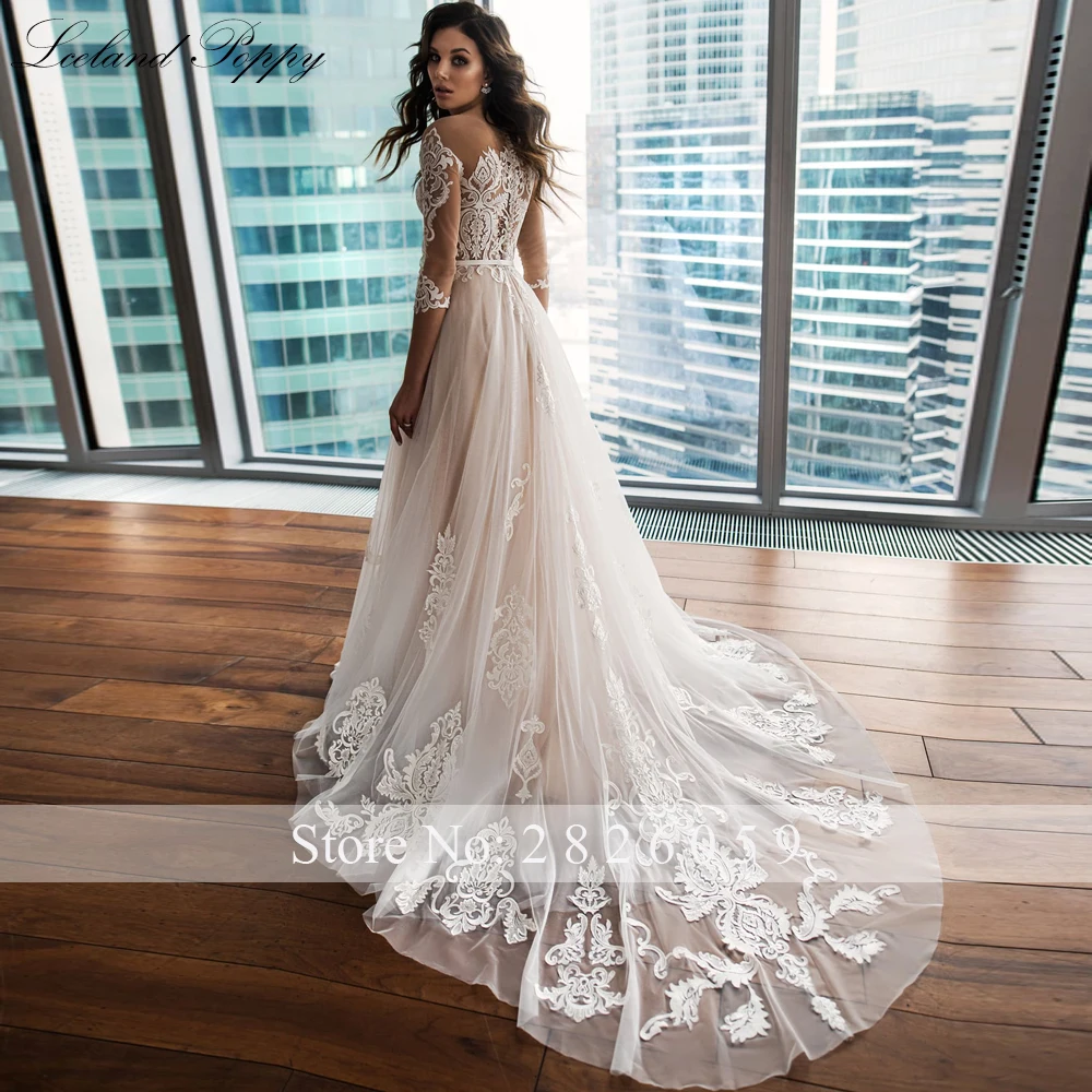 Lceland Poppy Customized A Line Lace Appliques Wedding Dresses See Through 3/4 Sleeves Bridal Gowns with Chapel Train