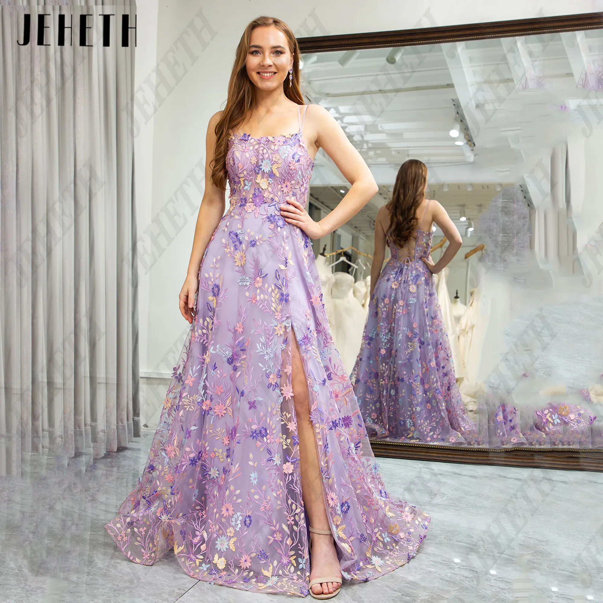 

JEHETH Long Prom Dress Spaghetti Straps Floral Strapless Fairy Evening Gowns Side Split Customized Vestidos De Graduación 2025