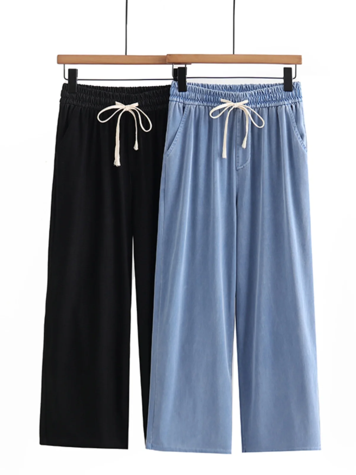

Summer 2023 High Waist Wide Leg Casual Pants plus Size Silk Denim Drawstring Slimming Trousers Comfortable Lightweight Blue J...