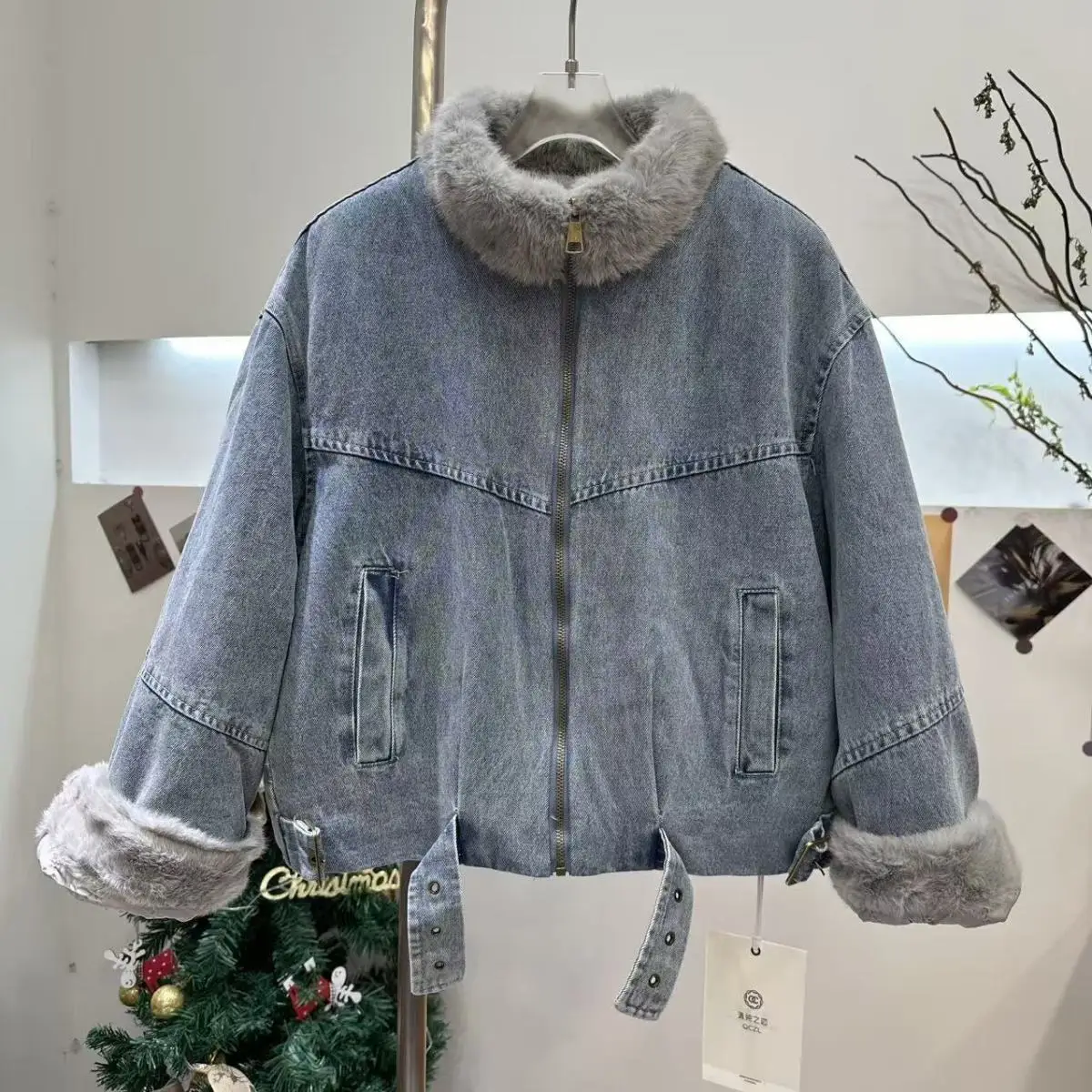 

Retro Thickened Denim Coat for Women Korean Style Spliced Fur Collar Zipper Design Jackets Autumn Winter Versatile Warm Overcoat