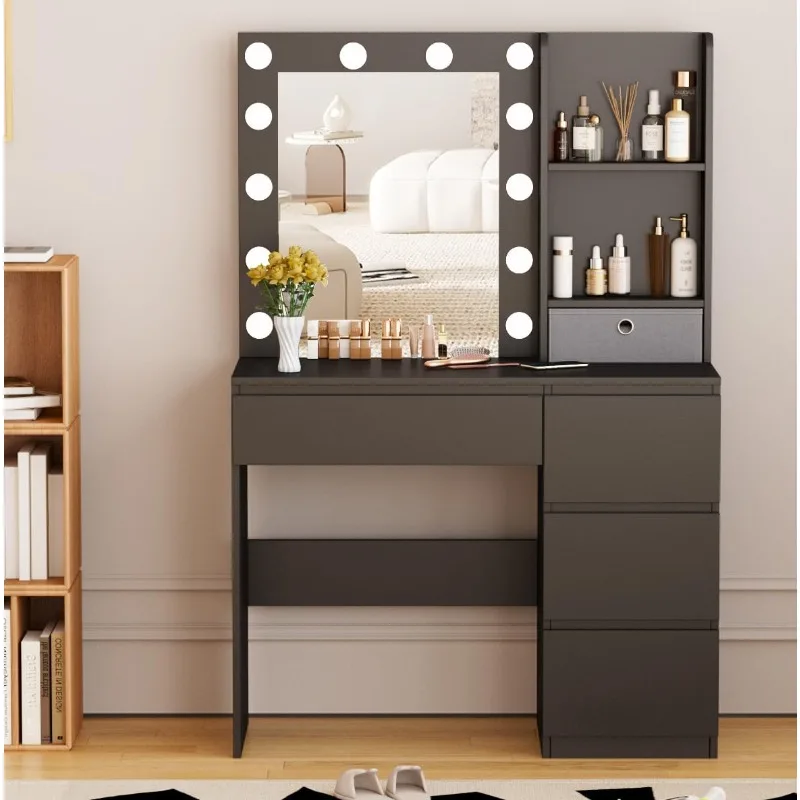 Makeup Vanity with Lights, 37inch Vanity Desk,  Lighted Mirror, 3 Lighting Modes Brightness Adjustable, Black