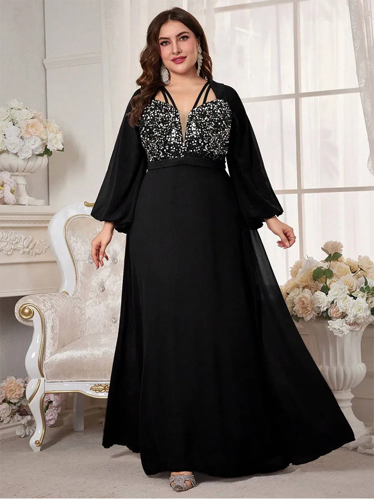 Plus Size V-Neck Sequined Chiffon Loose Floor-Length Evening Gown Big Size Luxury Sparkling 4xl 5xl Evening Gown Women