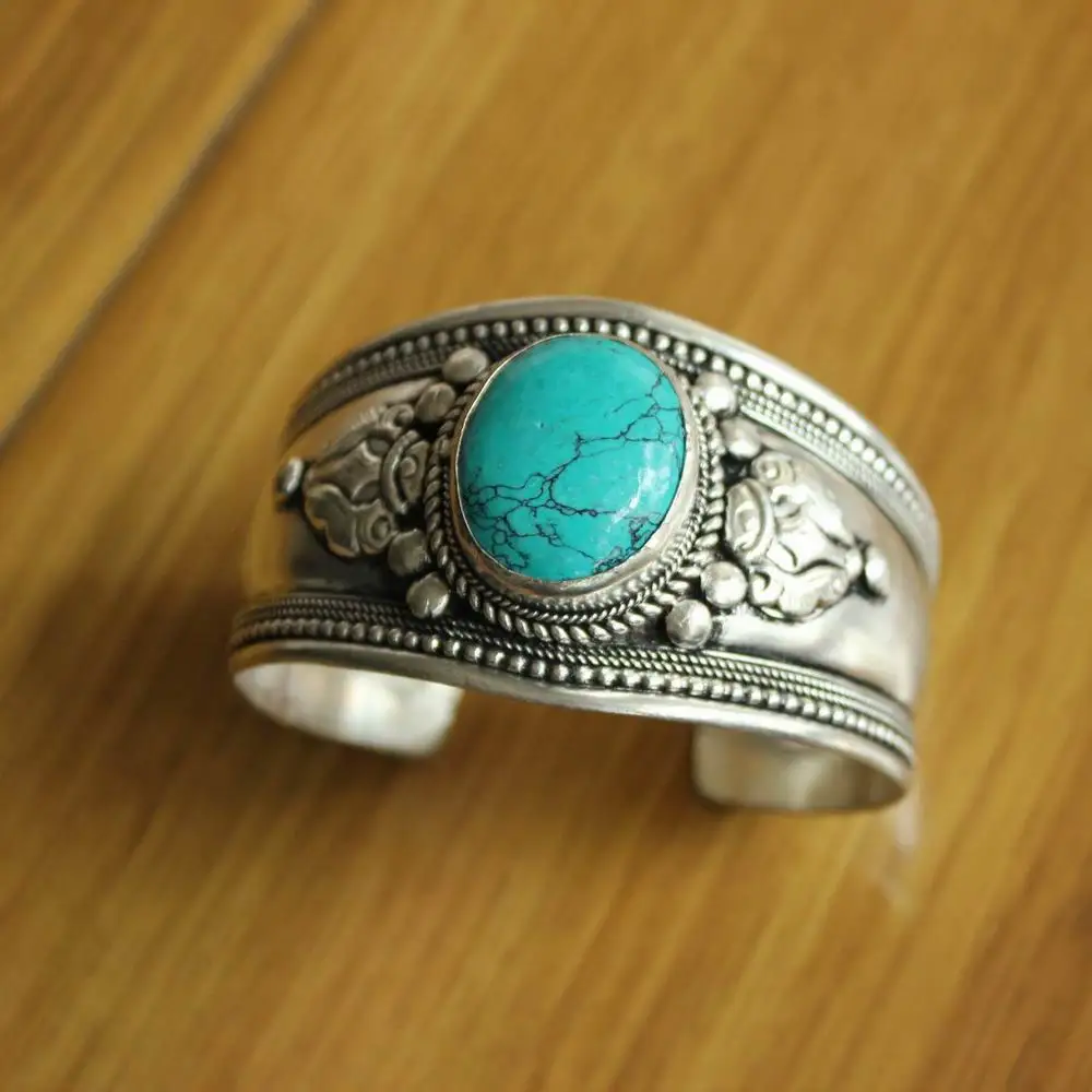 BR503 Ethnic Tibetan Silver Inlaid Natural Turquoises Stone 4cm Wide Open Cuff Bracelet