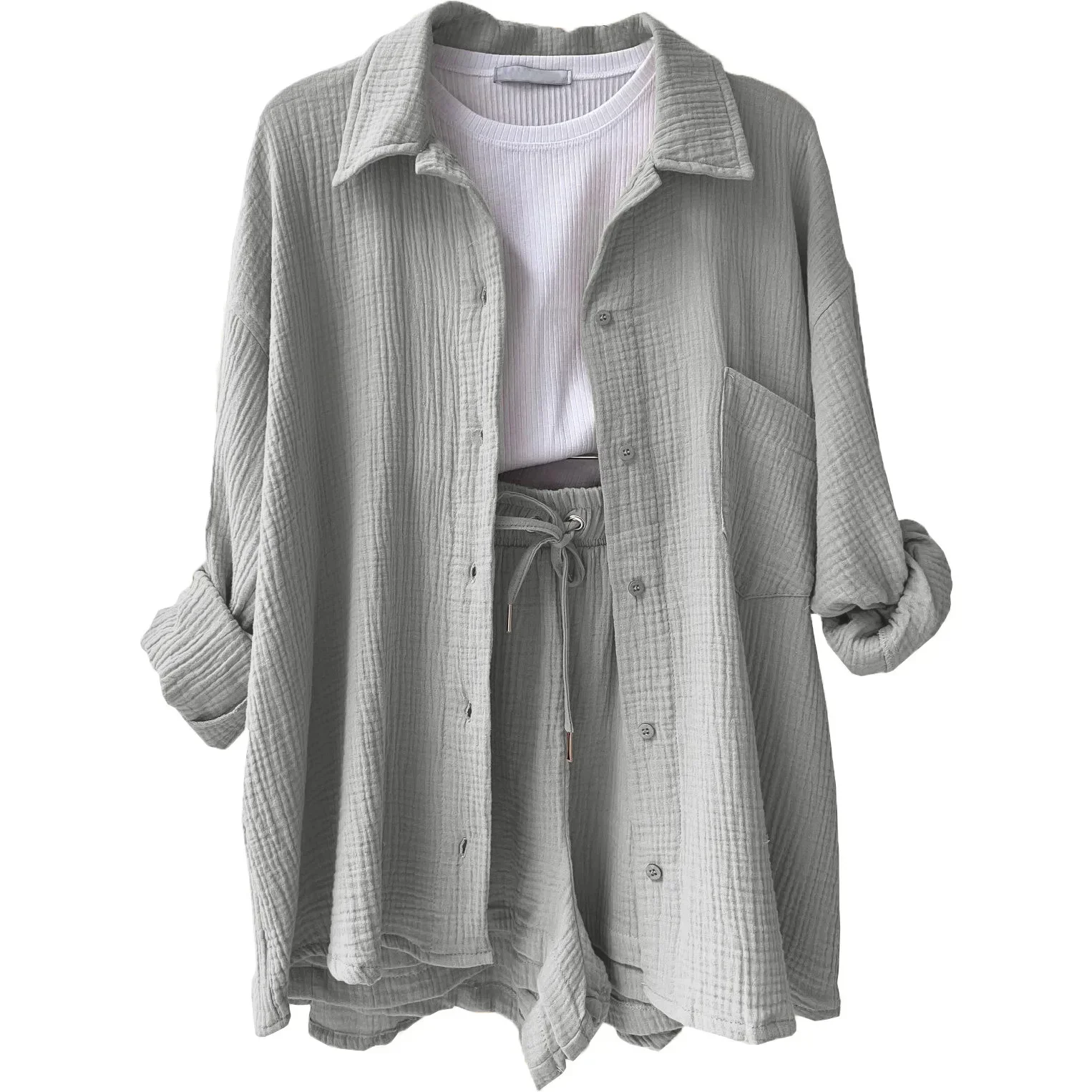 Women's Two Piece Outfits Button Down Shirt and Elastic High Waisted Shorts Cotton Linen Set