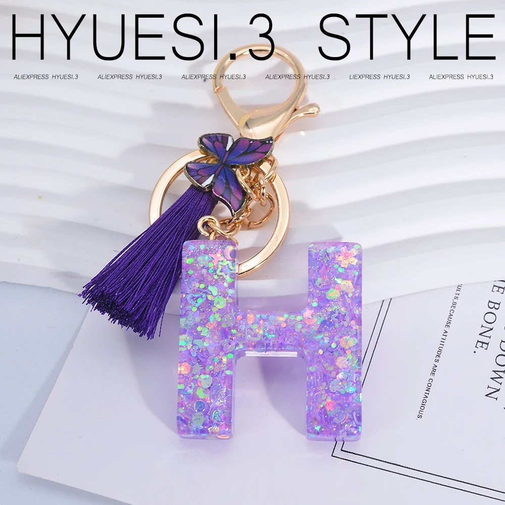 A-Z Resin Letter Keychain Purple Butterfly Tassel Initials Pendant Key Rings Purse Backpack Decoration Kid Girls Party Gifts