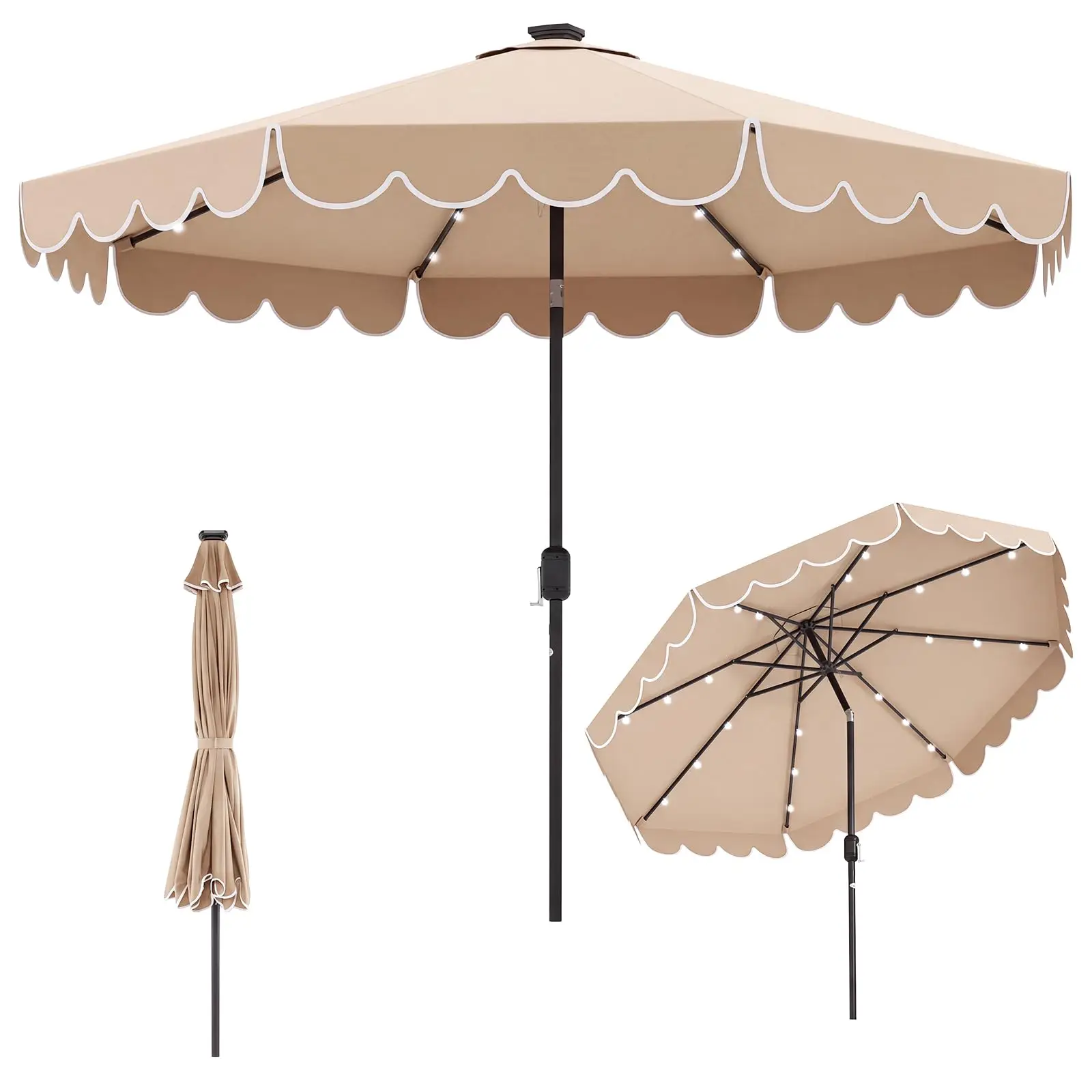 10FT r LED Patio Umbrella, 2-Tiers Scalloped Outdoor Table Market Umbrella with 24 LED Lights, Vented Top, Adjusent