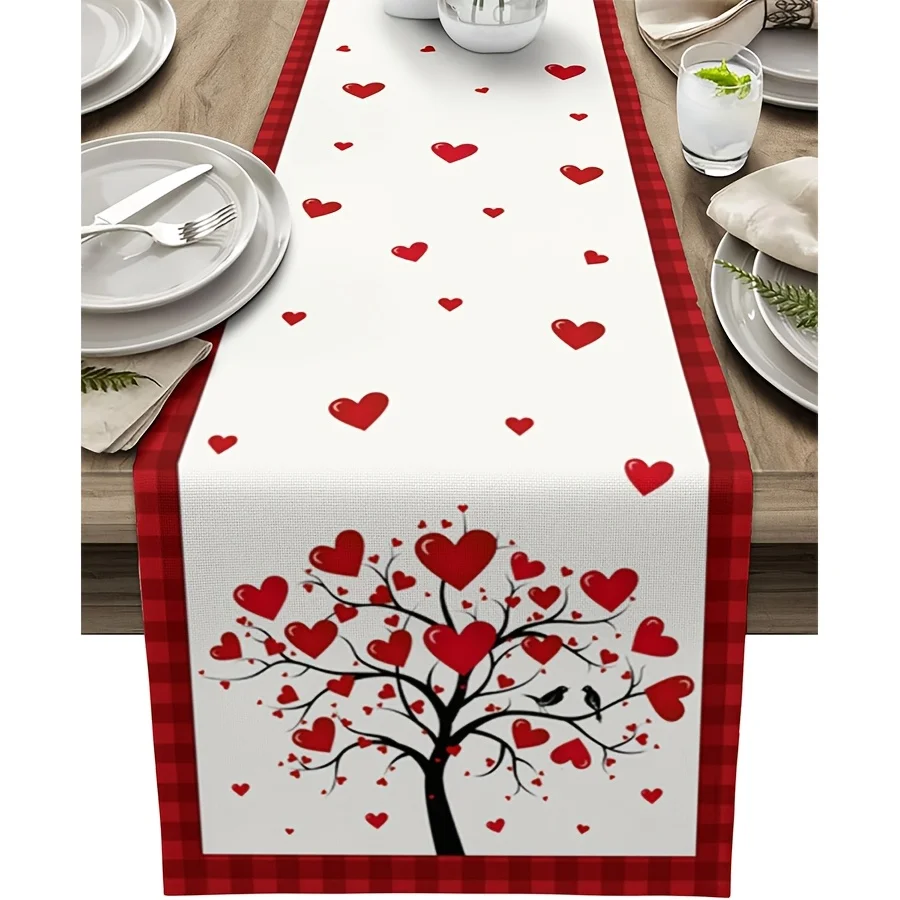 1 Piece Valentine's Day Table Runner with Heart Tree and Bird Pattern Tablecloth, Suitable for Dinner Parties, Holiday Parties, Family Gatherings, Children's Activities, Themed Cafes, Home Decoration, Christmas Markets, Cozy Tea Parties