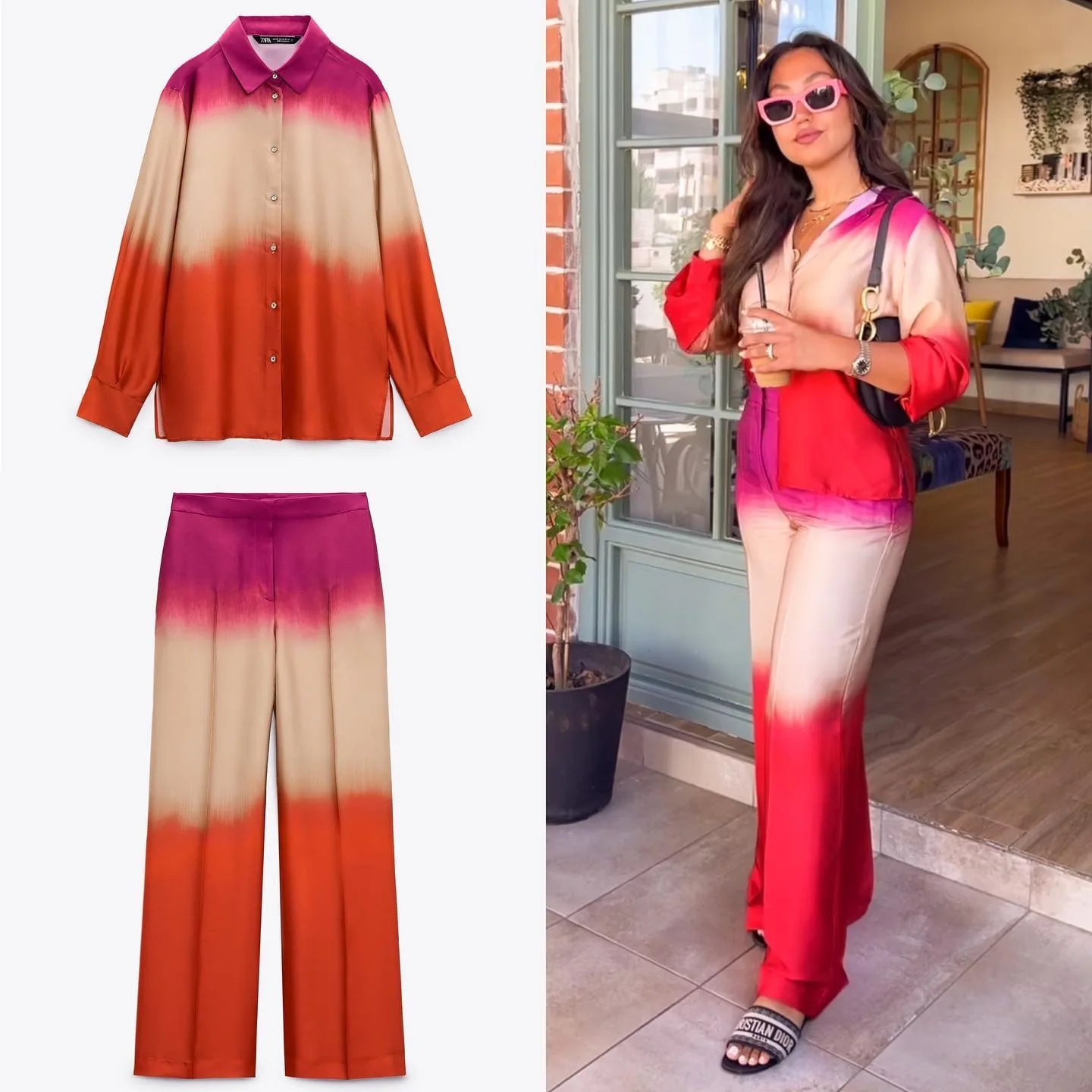 

2 Pieces Pants Set Women Clothing Long Sleeve Shirt Wide-legged Pants Tie-dye Tops High Waist Pants Design Office Ladies Suits