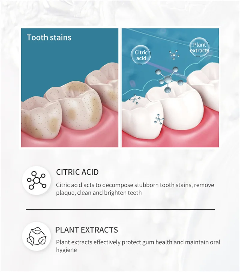 Polvere sbiancante per denti a base di erbe rimuovi macchie di placca dentifricio essenza per l'igiene orale pulizia cura dei denti strumenti per l'analisi 50g