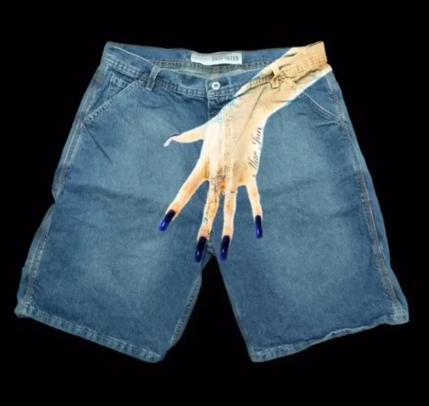 Pantalones cortos de mezclilla holgados para hombre, estampado gráfico de mano popular estadounidense, azul, hip hop, y2k, verano 2024