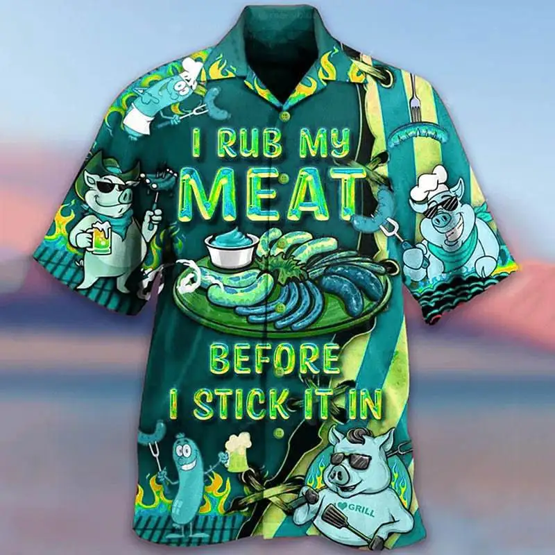 2026New Summer Men's Beach Shirt Cartoon Fruit 3D Printed Cuban Collar Short Sleeve Hawaiian Vacation Top Large Size Affordable