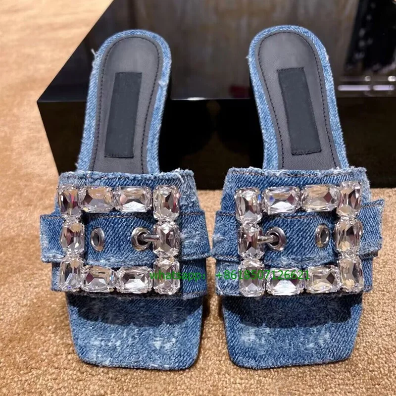 

Denim Rhinestone Square Toe Flat Slippers Open Toe Plus Size Handmade Women's Shoes