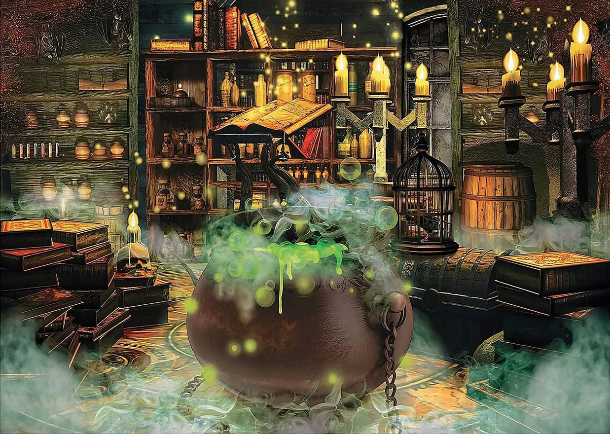 Halloween Backdrop Witch Magic Cauldron Bookshelf Spooky Room Party Decoration Photography Background Photo Studio Booth Props