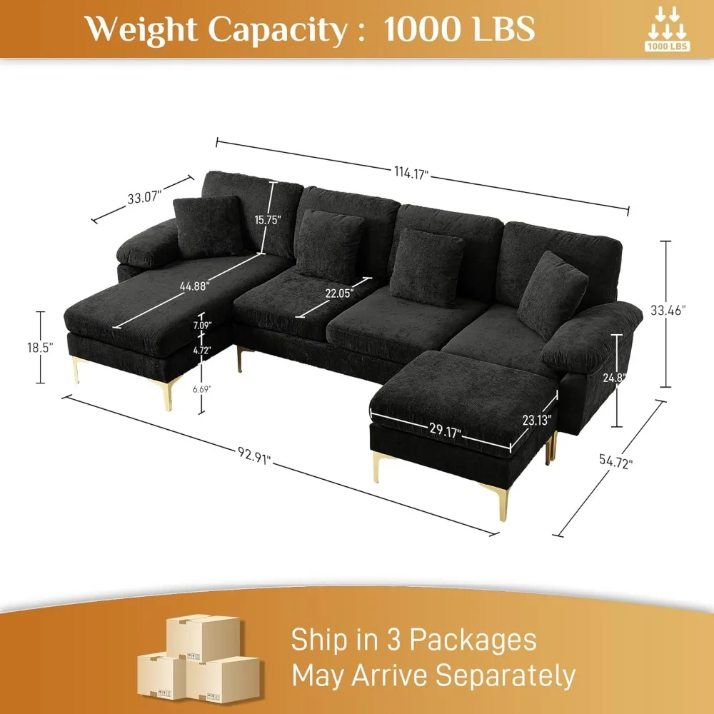 U-Shaped Sectional Sofa Couch, Comfy Convertible 4 Seat Sofa with Chaise Lounge & Ottoman, Modern Oversized Deep Seat Sleep