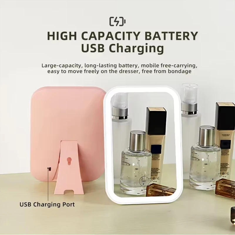 Espelho de Maquiagem com Tela Touch LED, Dobrável, Luz Regulável em 3 Cores, Espelho Cosmético Recarregável por USB, Espelho de Maquiagem Portátil