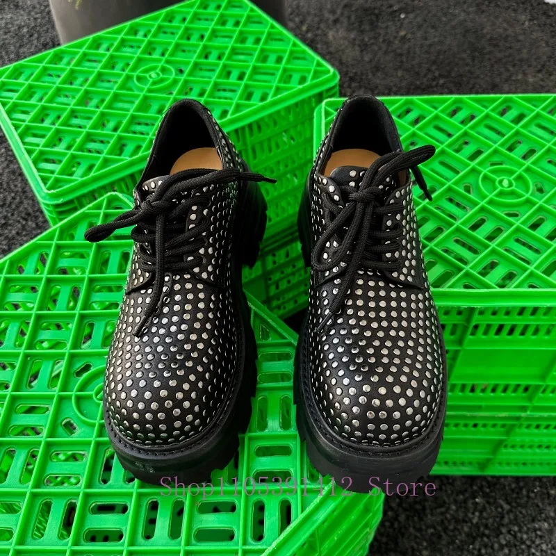 Gothic Punk Full Rivet Genuine Leather Lace Up Thick Sole Derby Shoes Men Round Toe Studded Casual Platform Oxfords