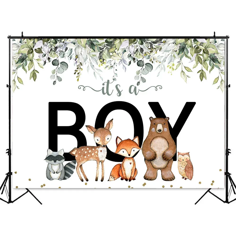 Greenery Safari Jungle Backdrop It's a Boy Background for Baby Shower Party Supplies Woodland Animals Photo Background Boy Child